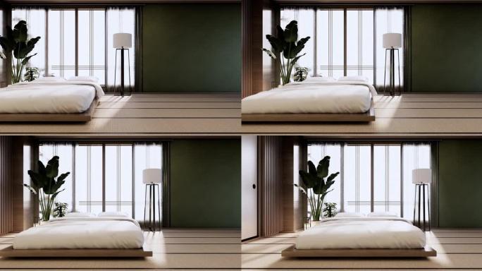 日本绿色卧室的室内模型与禅床植物和装饰。3D渲染。