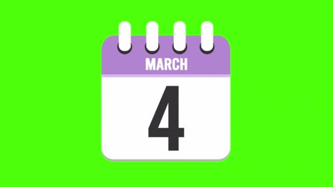 3月4日。日历出现，页面下降到3月4日。绿色背景，色度键 (4k循环)