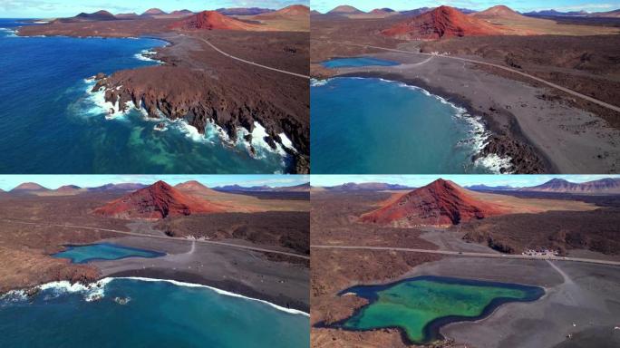 火山兰萨罗特岛风景。Los Hervideros洞穴，悬崖和红山的空中无人机视频。热门旅游目的地加那