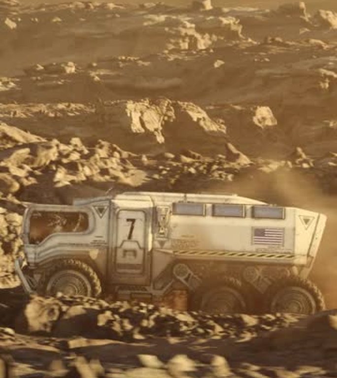 火星行星的太空殖民。带有美国国旗的火星探测器探索行星表面垂直视频