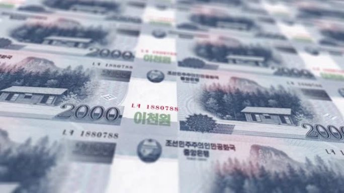 朝鲜韩元印刷机打印出当前5000韩元钞票，无缝循环，朝鲜货币背景，4K，聚焦深度Smoot和尼斯股票