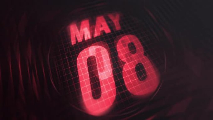3d运动图形中的5月8日。未来的红外日历和科技发光霓虹灯拍摄，发光二极管纪念等。4k in循环