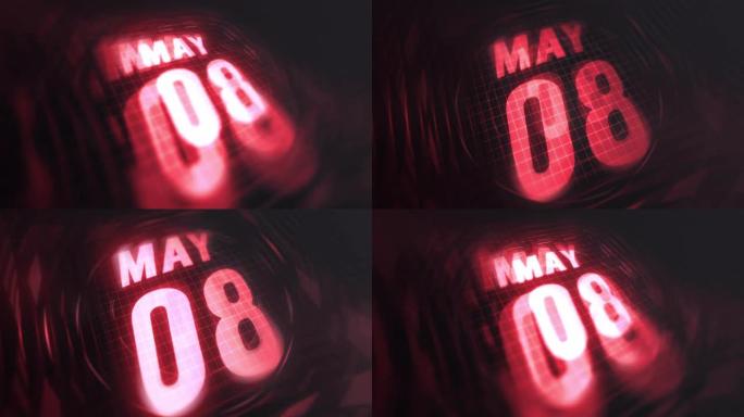 3d运动图形中的5月8日。未来的红外日历和科技发光霓虹灯拍摄，发光二极管纪念等。4k in循环