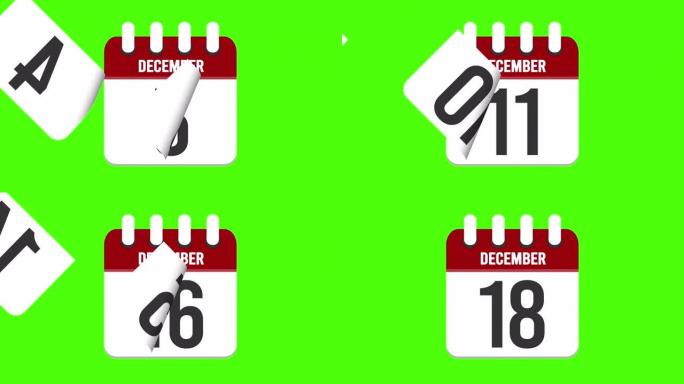 12月18日。日历出现，页面下降到12月18日。绿色背景，色度键 (4k循环)