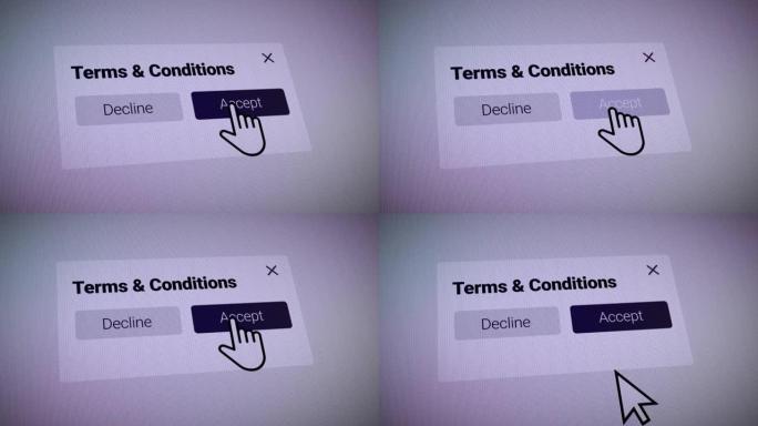 鼠标光标滑动并单击网页上的接受条款和条件框。设备像素化屏幕通知。互联网网络网站上的用户体验。