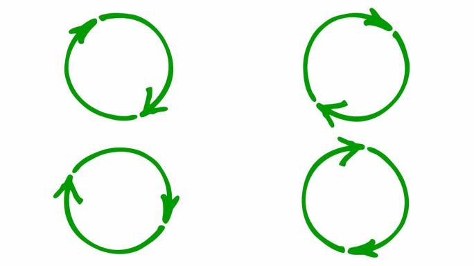 圆形箭头的动画图标。重新加载旋转的绿色符号。循环视频。手绘矢量插图孤立在白色背景上。