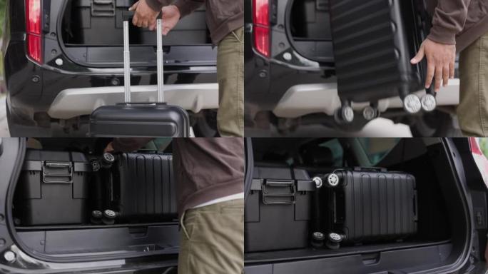 一个年轻人把他的手提箱放在汽车后面，准备离开。打开汽车后部放行李到其他省份旅行。