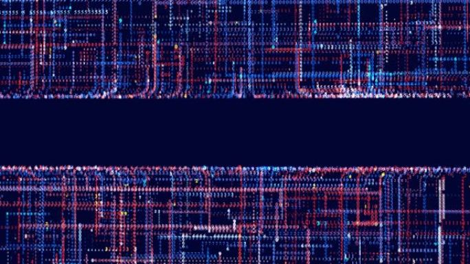 辉光粒子与复制空间形成红色蓝线。信息概念线和节点，人工智能建设光电网。线条形成全息图信息块。Vj循环