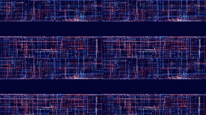 辉光粒子与复制空间形成红色蓝线。信息概念线和节点，人工智能建设光电网。线条形成全息图信息块。Vj循环