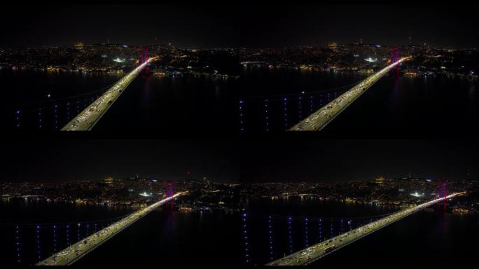 土耳其伊斯坦布尔博斯普鲁斯大桥以及老式和纪念性建筑的夜间航拍视频
