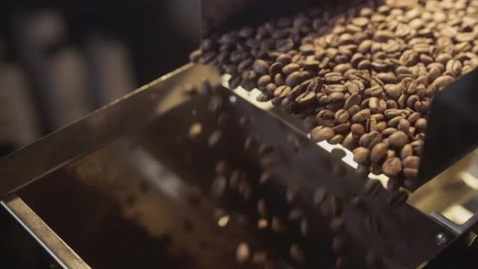 烤咖啡豆从冷水机中掉出来。阿拉比卡豆倒入并旋转。工业烘焙和生产，咖啡工业