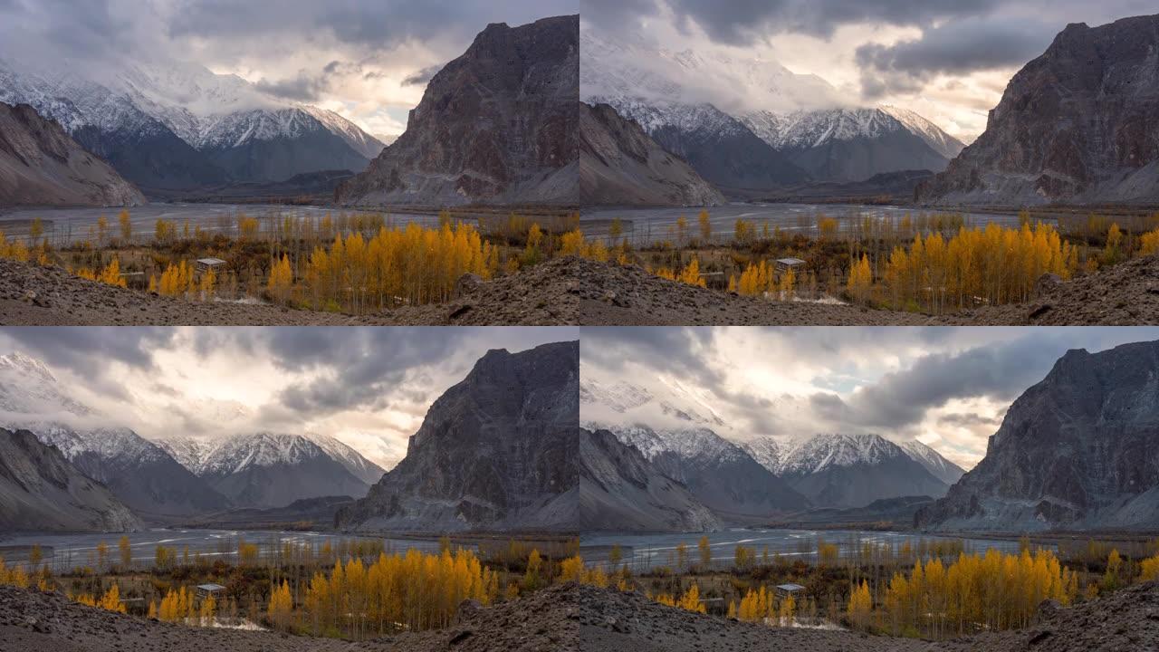 倒日移动云日出场景喀喇昆仑山区喀喇昆仑山脉的壮丽景色秋天在巴基斯坦罕萨谷区帕苏谷