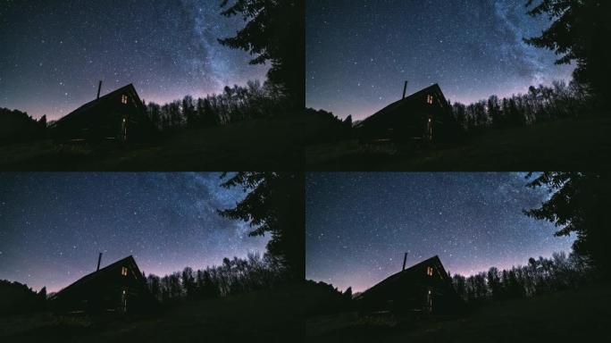 时空童话夜空，数百万银河系恒星在野生森林自然天文学中的木屋上方