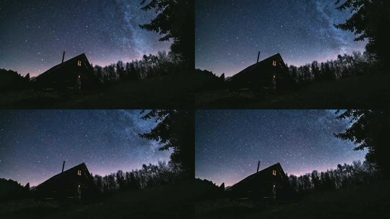 时空童话夜空，数百万银河系恒星在野生森林自然天文学中的木屋上方