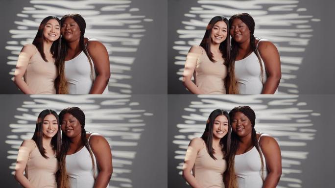 多样化的美容模型在相机上制作护肤广告
