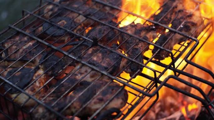 慢动作视频，特写。烤架上的鸡腿。一场美丽的大火在煤上猛烈燃烧。鸡肉在火上过度暴露，有点烧焦了。