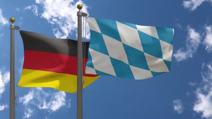 德国国旗与巴伐利亚国旗(菱形)在一杆，3D渲染，两面旗帜
