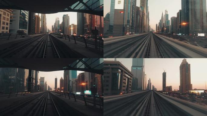 迪拜，阿联酋-10月10日，2022: 迪拜铁路地铁列车，未来博物馆和日落天空背景，天际线全景