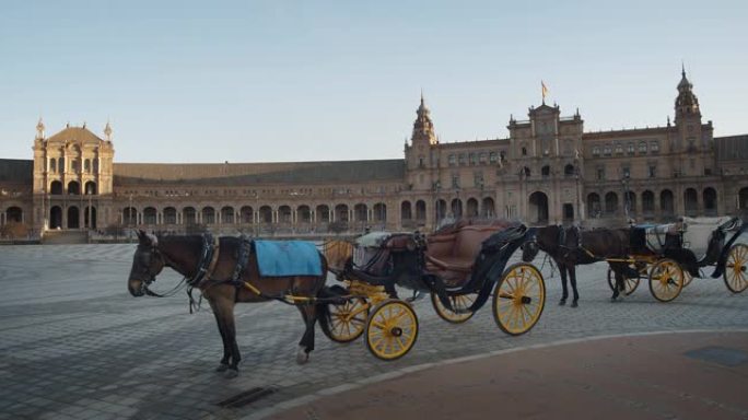 西班牙广场中央的两匹马拉着马车。塞维利亚-西班牙4K