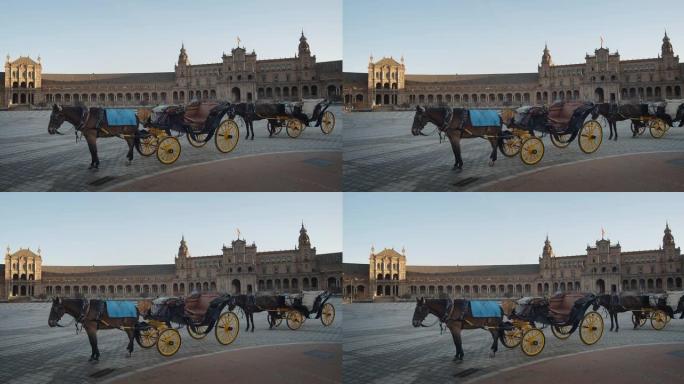 西班牙广场中央的两匹马拉着马车。塞维利亚-西班牙4K