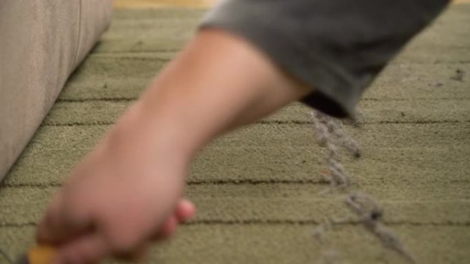 用地毯工具关闭手清洁绿色地毯表面。地毯清洁装置。