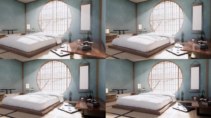 卧室薄荷色，日本简约风格。3d渲染