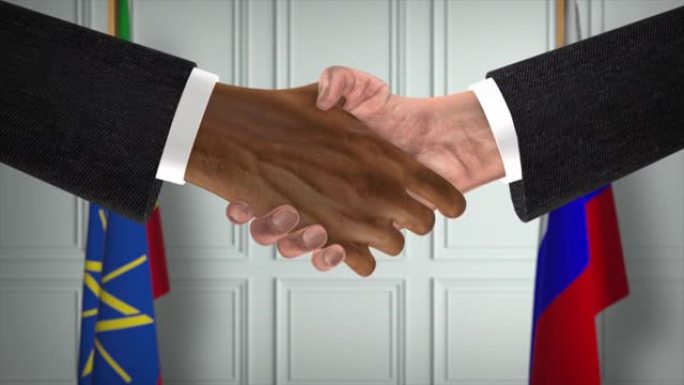 埃塞俄比亚与俄罗斯协议握手，政治例证。正式会议或合作，商务见面。商人和政客握手