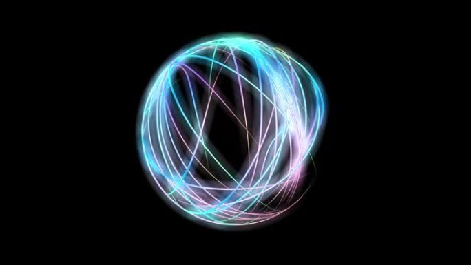 霓虹灯线在黑色背景上呈球形移动。霓虹灯抽象动画。抽象对象的发光。3D动画。