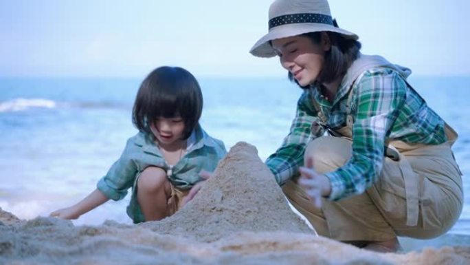 亚洲家庭在度假放松，家庭关系概念，旅行，放松的海滩上愉快地戏弄。