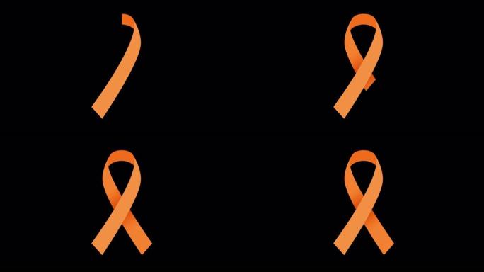 4k橙色哀悼丝带股票动画。慢动作橙色白血病/癌症意识视频。阿尔法频道。