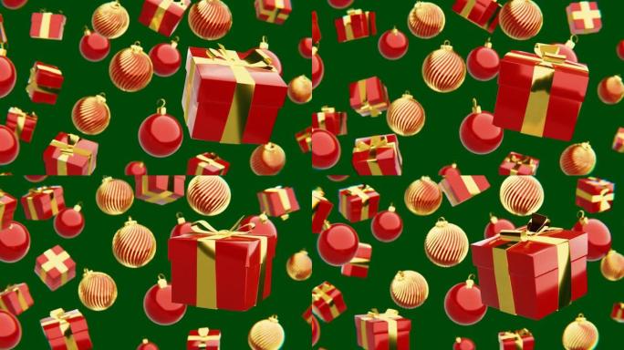 圣诞礼盒和装饰品在绿色背景前旋转。生动的圣诞主题经典色彩。