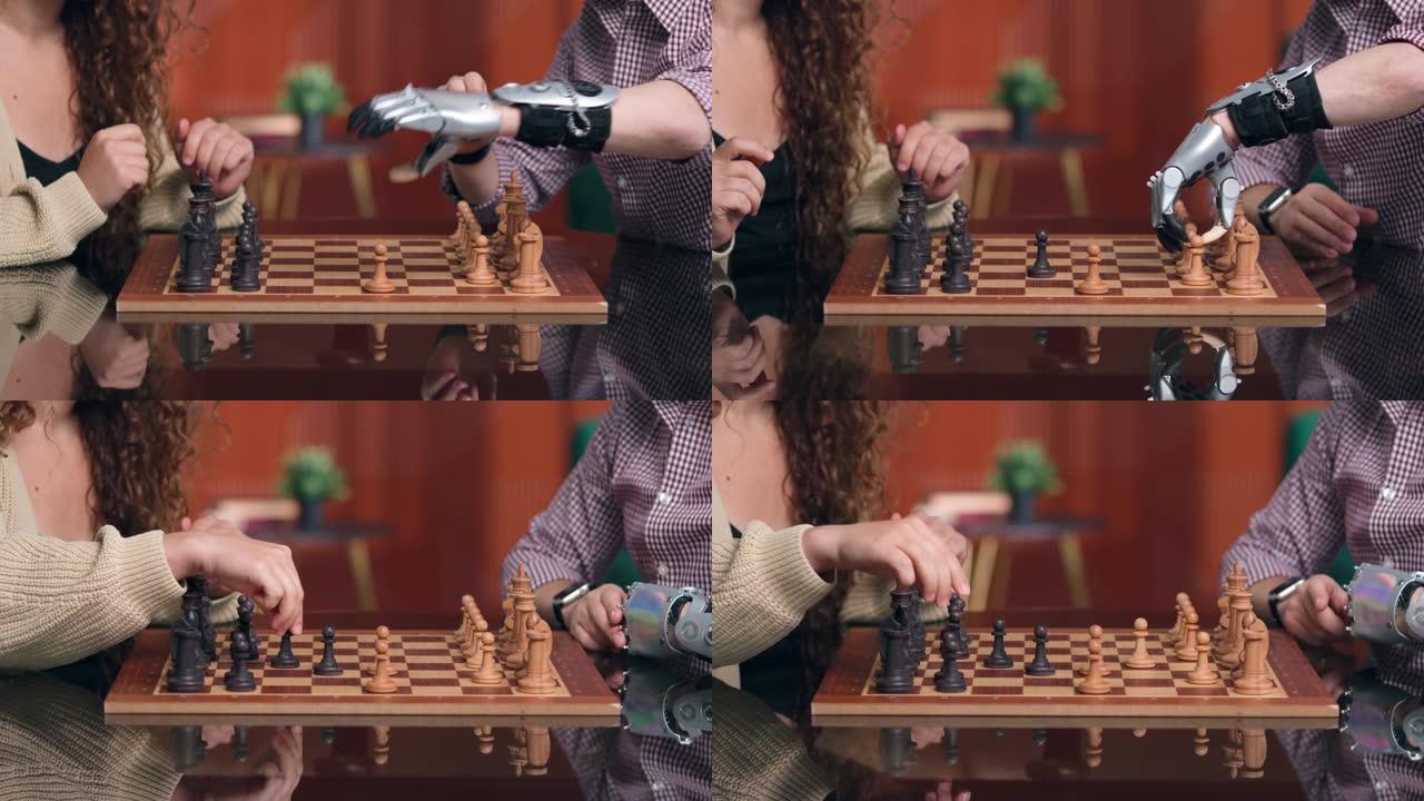 与女友下棋的仿生手臂男子的短拍