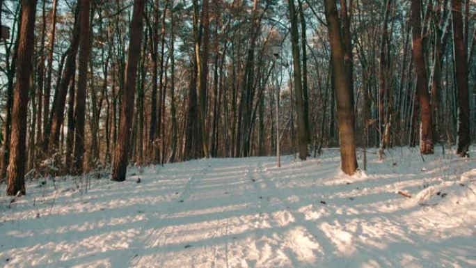 POV在白雪皑皑的小巷上行走