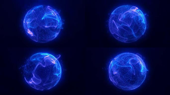 抽象的圆形蓝色球体光从能量射线和粒子和点的魔波中发出明亮的光，抽象的背景。视频4k，运动设计