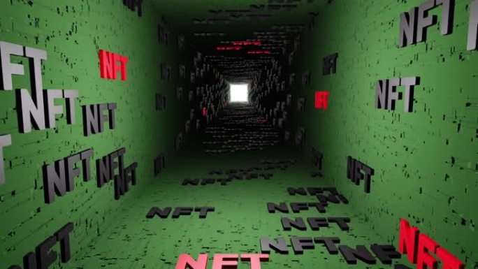 NFT加密符号隧道图标绿色背景3d渲染。独特收藏品、区块链和数字艺术品的不可替代令牌
