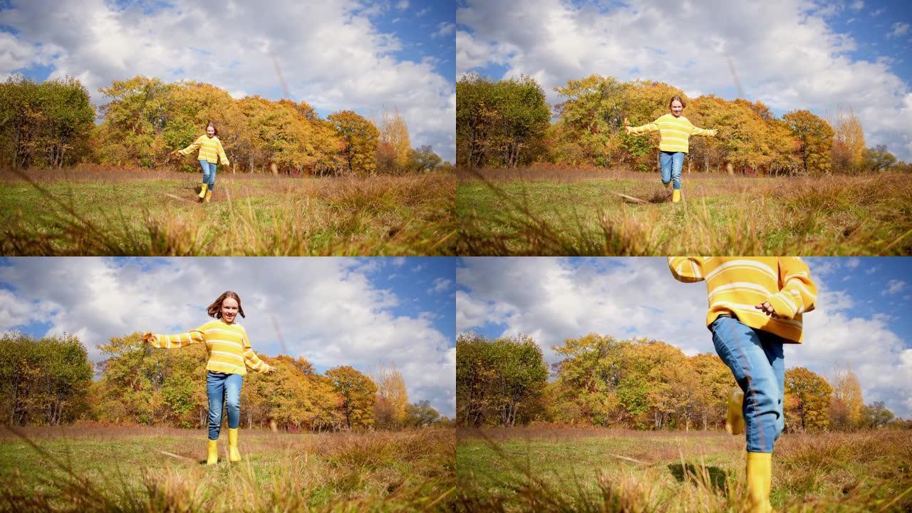 一个女孩带着秋天的草沿着田野奔跑。人与自然是一体的。健康理念。保健，真实性，平衡感和镇定感。