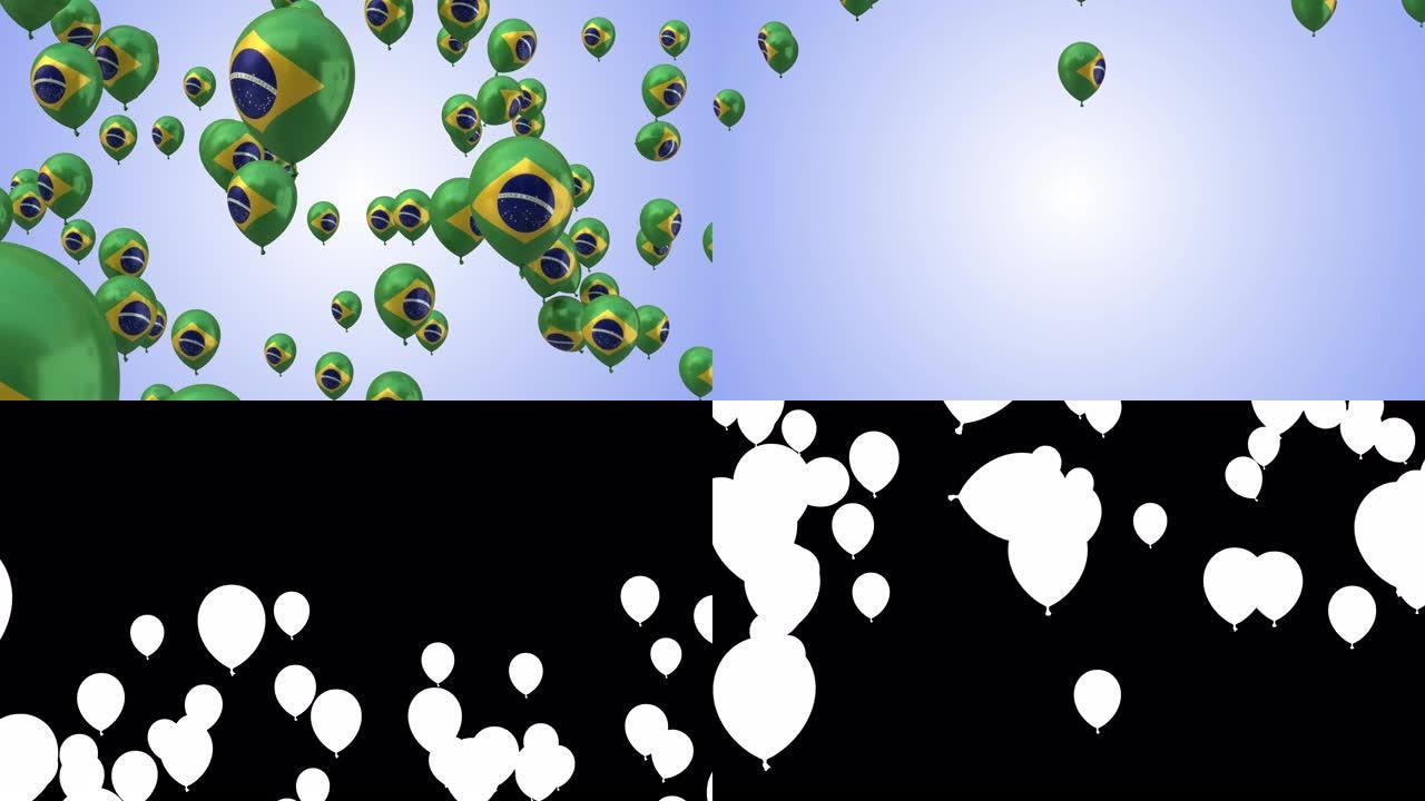 巴西国旗氦气球，从下到上飞行，在绿屏背景上隔离，4k视频元素