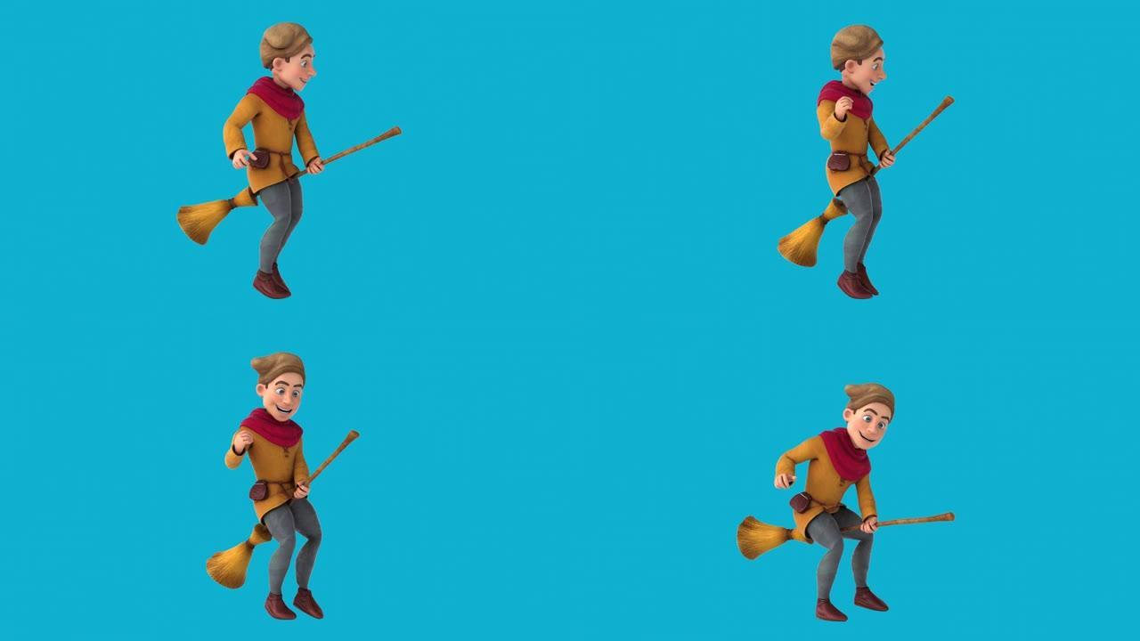 有趣的3D卡通中世纪男子骑扫帚 (包括阿尔法)