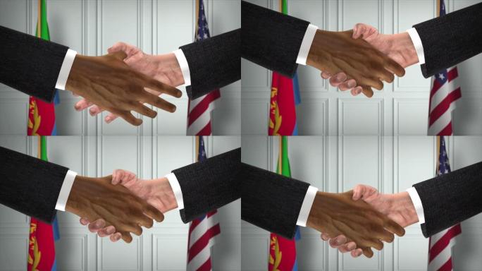 厄立特里亚和美国的商业伙伴关系协议。国家政府旗帜。官方外交握手说明动画。协议商人握手