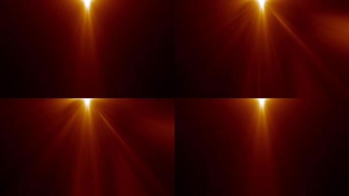 4k环中心顶部金色橙色光学镜头耀斑闪亮光线动画艺术背景，用于屏幕项目覆盖。照明灯光线效果动态明亮的视