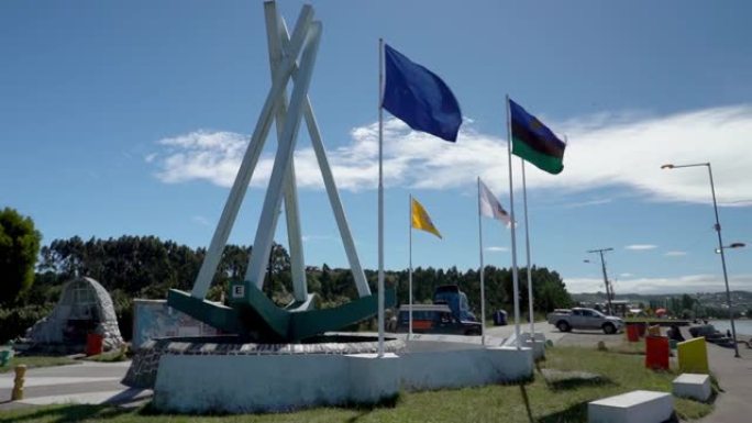 Hio cero的纪念碑，泛美公路的起点和终点，智利巴塔哥尼亚奇洛岛上的泛美公路。