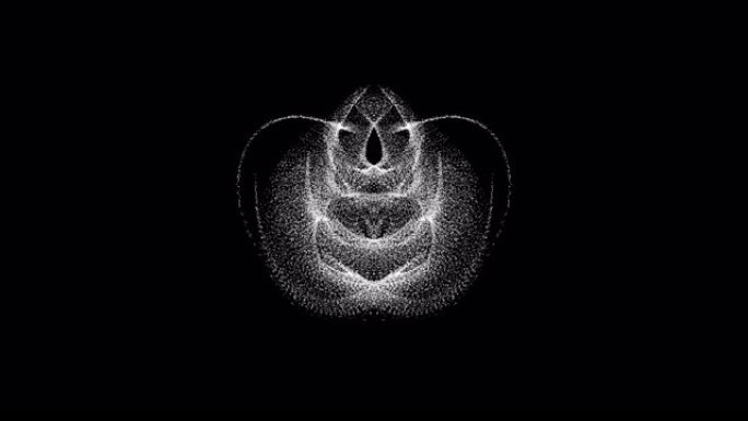 抽象花，佛教符号，由黑色背景上的大量移动粒子组成，带有Alpha通道。科学概念。3D动画