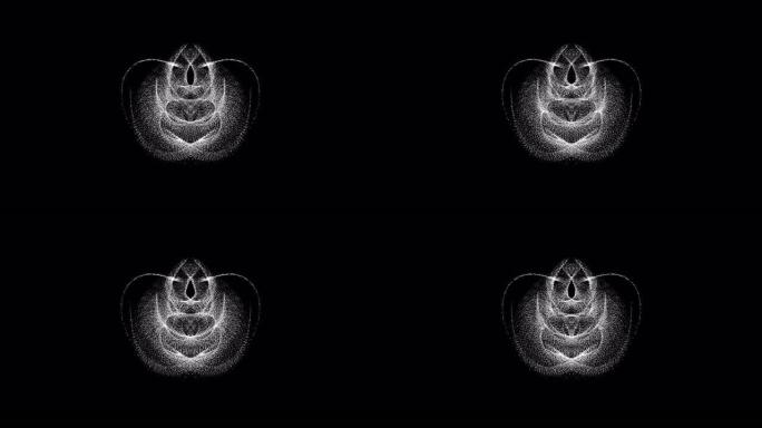 抽象花，佛教符号，由黑色背景上的大量移动粒子组成，带有Alpha通道。科学概念。3D动画