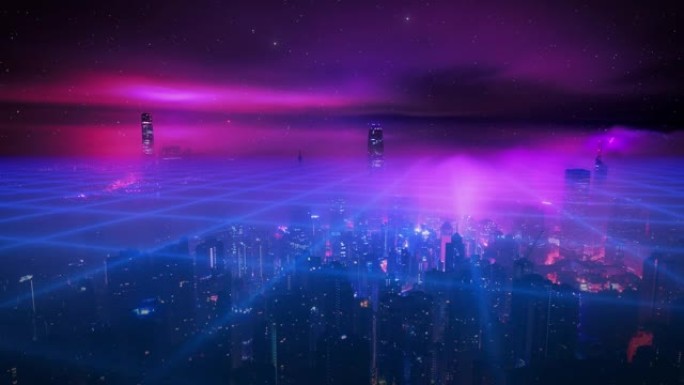 复古赛博朋克风格80年代科幻背景未来与激光网格景观。20世纪80年代的数字网络表面风格。城市城镇。复
