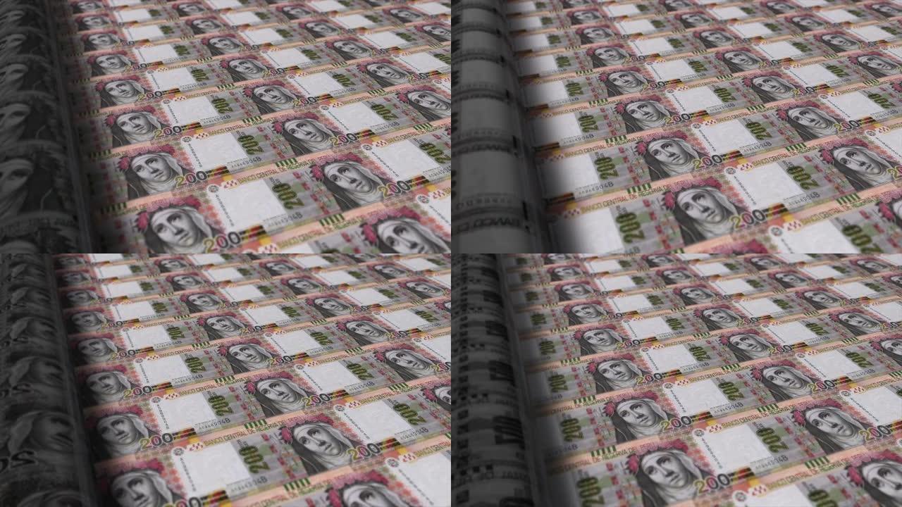 秘鲁，秘鲁溶胶印刷机打印出当前200溶胶钞票，无缝循环，秘鲁货币背景，4K，聚焦深度Smoot和尼斯