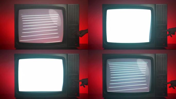 红色背景下的老式电视，带闪烁显示屏和水平条纹的破损电视，人手打开和关闭控制面板上的不同按钮，以寻找良