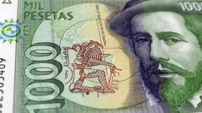西班牙西班牙比塞塔1000钞票，1000西班牙比塞塔，西班牙比塞塔的特写和宏观视图，跟踪和多利镜头1