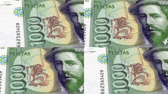 西班牙西班牙比塞塔1000钞票，1000西班牙比塞塔，西班牙比塞塔的特写和宏观视图，跟踪和多利镜头1