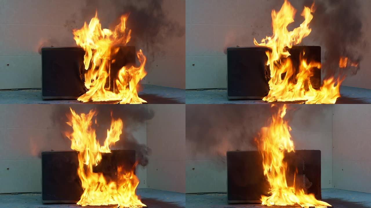 微波炉着火了。厨房里的火的概念。