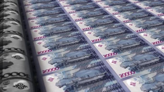 哈萨克斯坦，哈萨克斯坦坚戈印刷机打印出当前20000坚戈钞票，无缝循环，哈萨克斯坦货币背景，4K，聚